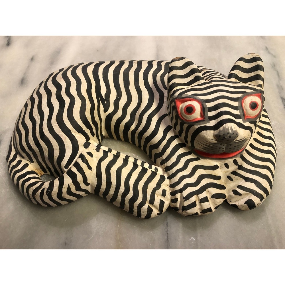 Hand-Painted Wooden Cat Figurine, Black/White Striped Folk Art Sculpture
